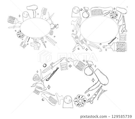 Hair salon tools oval frame set. Vector graphic line ink template illustration. Place for your text, logo Frame for text with a set of beauty items. For logo, web, package, sticker. Hair salon tools oval frame set. Vector graphic line ink template illustration. Place for your text, logo Frame for text with a set of beauty items. For logo, web, package, sticker. 129585739