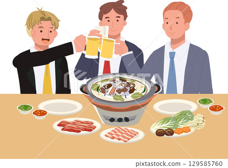 mookata thai barbecue with pork belly vegetables and colleagues enjoying drinks in a warm friendly dining scene 129585760