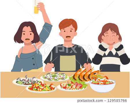 group of friends celebrating with delicious grilled shrimp seafood and colorful salads at a cozy dinner table setting 129585766
