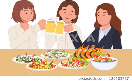 women celebrate together over beer and a variety of asian seafood dishes including shrimp platters and fresh salads 129585767