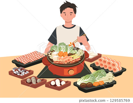 man enjoying japanese sukiyaki buffet with sliced beef fresh vegetables tofu and mushrooms cooking in a hot pot at a cozy dining table 129585769