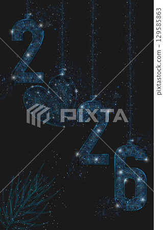 Abstract isolated blue image of new year number 2026. Polygonal low poly wireframe illustration looks like stars in the black night sky in space or flying glass shards. Digital web, internet design. Abstract isolated blue image of new year number 2026. Polygonal low poly wireframe illustration looks like stars in the black night sky in space or flying glass shards. Digital web, internet design. 129585863