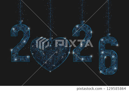 Abstract isolated blue image of new year number 2026. Polygonal low poly wireframe illustration looks like stars in the black night sky in space or flying glass shards. Digital web, internet design. Abstract isolated blue image of new year number 2026. Polygonal low poly wireframe illustration looks like stars in the black night sky in space or flying glass shards. Digital web, internet design. 129585864