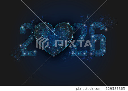 Abstract isolated blue image of new year number 2026. Polygonal low poly wireframe illustration looks like stars in the black night sky in space or flying glass shards. Digital web, internet design. Abstract isolated blue image of new year number 2026. Polygonal low poly wireframe illustration looks like stars in the black night sky in space or flying glass shards. Digital web, internet design. 129585865