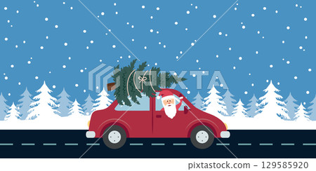 santa drive with red car and christmas tree in snowy winter landscape vector illustration 129585920