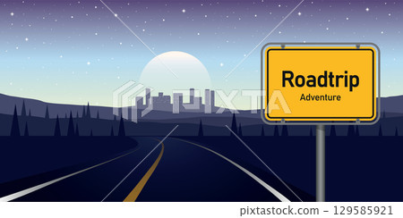 road trip adventure in night landscape with cityview vector illustration 129585921