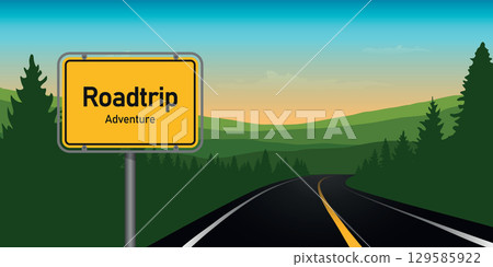 road trip adventure in the forest in mountain landscape vector illustration 129585922