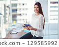 Office woman holding tablet while sitting on desk edge at office with sticky notes, copy space 129585992