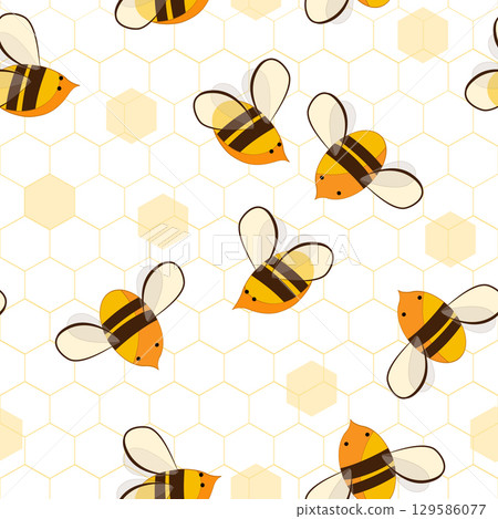 Cute cartoon honey bees on honeycombs seamless pattern. Vector background illustration. 129586077