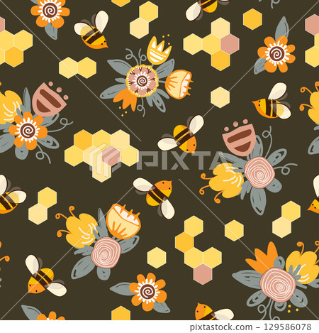 Cute cartoon honey bees, honeycombs and doodle meadow flower seamless pattern. Vector background illustration. 129586078