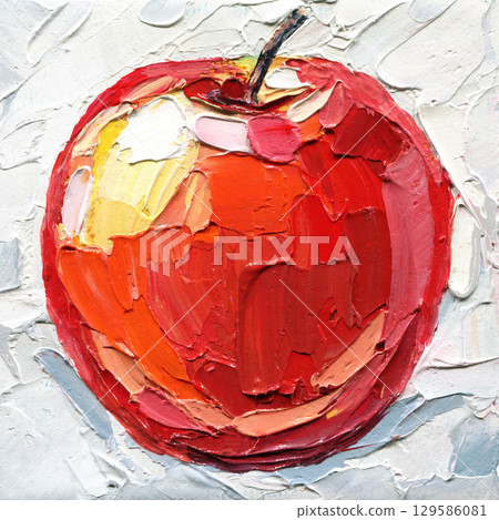 Red apple impasto acrylic painting on textured white background vibrant fruit art for kitchen wall decor and modern home interior 129586081