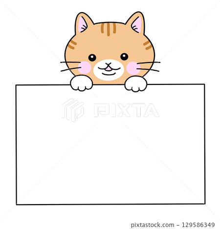 Brown tabby cat holding a white board message card 129586349