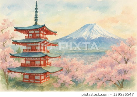 Mt. Fuji five-storied pagoda cherry blossoms in full bloom 129586547