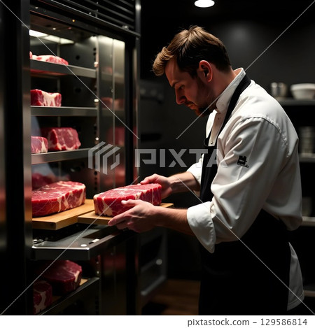 Butcher, chef, cutting a large piece of pork in the kitchen Butcher, chef, cutting a large piece of pork in the kitchen 129586814