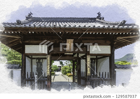 Watercolor painting of the 72nd temple of the 88 Shikoku temples, Mandala Temple, Niomon Gate, Zentsuji City, Kagawa Prefecture 129587037