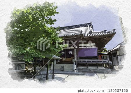 Watercolor painting of the 72nd temple of the 88 Shikoku temples, Mandala Temple, main hall, Zentsuji City, Kagawa Prefecture 129587166