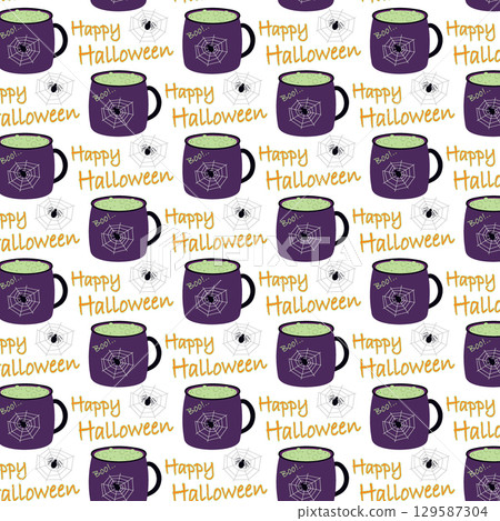 Happy Halloween letters spider on web and Mug with Green potion Seamless Pattern Halloween Backdrop Happy Halloween letters spider on web and Mug with Green potion Seamless Pattern Halloween Backdrop 129587304