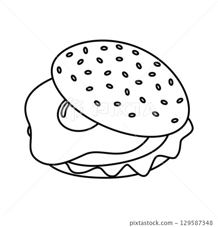 Outline Burger with Fried Egg and vegetables in sesame bun Sandwich Burger Minimalist design element 129587348