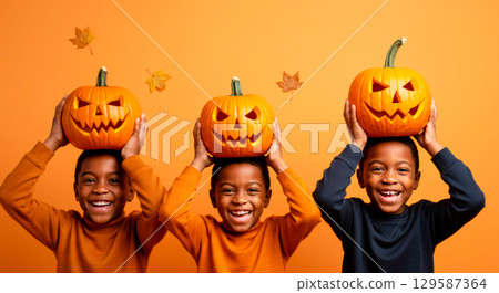 Excited black triplets holding big carved jack-o-lanterns on their heads, with autumn leaves falling on an orange background 129587364