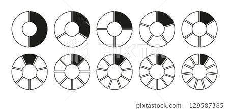 Circles divided diagram 2, 3, 10, 7, 8, 9, 10, 11 equal parts. Graph icon pie, pizza shape section charts. Coaching blank template. Set of segments black wheel round divide infographic. 129587385