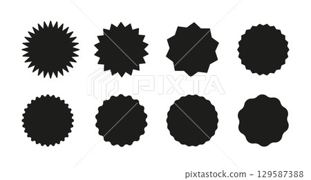 Vintage flat labels isolated. Star burst shape tags for price, shops. Black circle sticker set. Wavy edge promo black badges. Sale stickers collection, simple silhouette. Vector illustration. Vintage flat labels isolated. Star burst shape tags for price, shops. Black circle sticker set. Wavy edge promo black badges. Sale stickers collection, simple silhouette. Vector illustration. 129587388