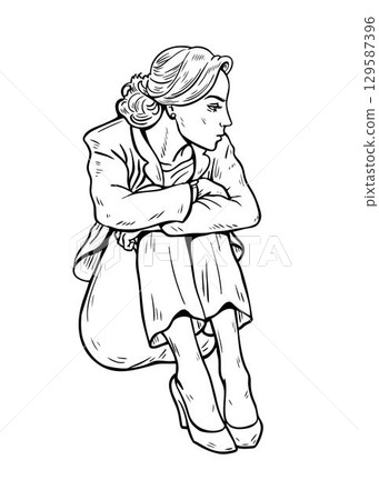 Sad young woman sitting on floor, depression and loneliness 129587396