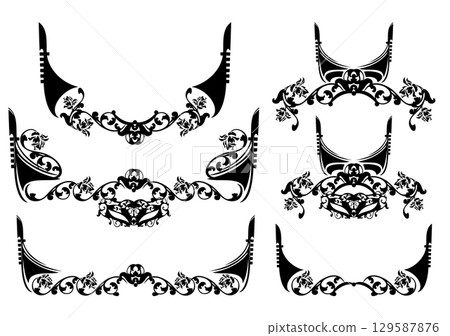 luxury venetian gondola boat and rose flowers black and white vector page frame decor 129587876