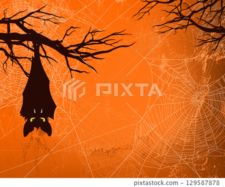 vector halloween copy space background of spooky vampire bat, spider web and bare tree branches 129587878