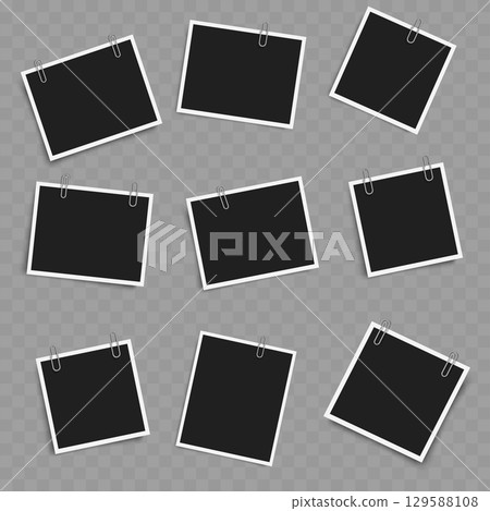 Set of Blank Photo Frames with Clips. Realistic Mockup. Vector 129588108