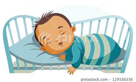 The close-up perspective offers a tender view of a newborn baby lying peacefully in its crib, highlighting the delicate features and peaceful expression of a new life. 129588336