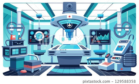 A detailed rendering of a futuristic operating room, with its advanced medical technology and sleek design, offers a captivating image suitable for science fiction films, medical journals showcasing 129588358