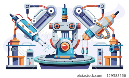 A detailed close-up of a futuristic robotic surgery setup in action reveals the intricate mechanisms and precision movements of the robotic arms assisting a surgical procedure, offering a captivating 129588366