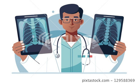 A detailed close-up shot focuses on a doctor's hands holding an X-ray, emphasizing the concentration and precision involved in interpreting medical images for diagnosis within a clinic setting, makin 129588369