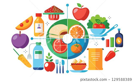 A detailed and colorful infographic on healthy eating, isolated for clarity, offers a comprehensive visual guide to nutritional choices, making it suitable for health and wellness publications, educa 129588389