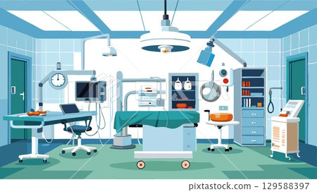 A detailed view of a prepared surgical room reveals the advanced medical equipment, sterile instruments, and meticulously clean surfaces, offering a high-quality image suitable for medical publicatio 129588397