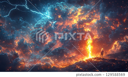 figure stands amidst spectacular cosmic backdrop where vibrant flames and electric lightning illuminate dark turbulent sky. surreal setting evokes sense of awe and power. figure stands amidst spectacular cosmic backdrop where vibrant flames and electric lightning illuminate dark turbulent sky. surreal setting evokes sense of awe and power. 129588569