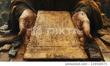 pair of hands covered in dirt carefully holds ancient artifact detailed carvings showcasing rich history and craftsmanship from bygone era during archaeological excavation. pair of hands covered in dirt carefully holds ancient artifact detailed carvings showcasing rich history and craftsmanship from bygone era during archaeological excavation. 129588571