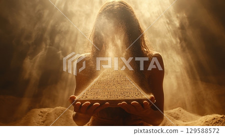 In mystical setting figure holds pyramid shaped artifact covered in inscriptions. Dust swirls around creating magical atmosphere in low light. In mystical setting figure holds pyramid shaped artifact covered in inscriptions. Dust swirls around creating magical atmosphere in low light. 129588572
