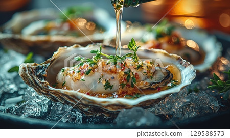 Succulent oysters are arranged on bed of ice topped herbs and zesty flavors. bottle is used drizzle marinade enhancing seafood dish. gourmet presentation delights diners. Succulent oysters are arranged on bed of ice topped herbs and zesty flavors. bottle is used drizzle marinade enhancing seafood dish. gourmet presentation delights diners. 129588573