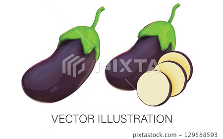 Realistic 3D Eggplant Set: Whole, Sliced and Halved Illustration with Transparent Background 129588593