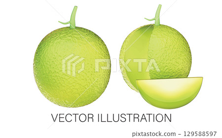 Realistic 3D Honeydew Melon Set: Whole and Halved Illustration with Transparent Background 129588597
