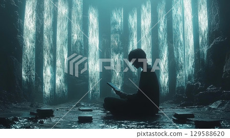 In gloomy cave young person sits cross legged engrossed in book. Surrounding them are tall glowing pillars create enchanting atmosphere revealing secrets of past. 129588620