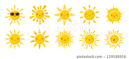 Cartoon sun icon set with emoji, smiling symbol of cute solar character, sunlight sign, happy mood funny face, emotional star sketch with various ray, warm face shapes shining badge, daylight object Cartoon sun icon set with emoji, smiling symbol of cute solar character, sunlight sign, happy mood funny face, emotional star sketch with various ray, warm face shapes shining badge, daylight object 129588916
