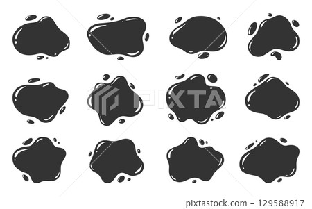 Black ink shiny blob form set. Smooth splash with glossy drop. Rounded spill abstract shape liquid mark. Soft fluid stain, cartoon blotch, isolated splotch, organic puddle. Dynamic smear, modern drip Black ink shiny blob form set. Smooth splash with glossy drop. Rounded spill abstract shape liquid mark. Soft fluid stain, cartoon blotch, isolated splotch, organic puddle. Dynamic smear, modern drip 129588917