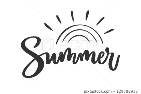 Handwritten Summer word in black ink below half sun symbol, curved rays rising above text, bold playful casual brush stroke lettering, warm vibe minimal monochrome design, seasonal sunny mood concept Handwritten Summer word in black ink below half sun symbol, curved rays rising above text, bold playful casual brush stroke lettering, warm vibe minimal monochrome design, seasonal sunny mood concept 129588918