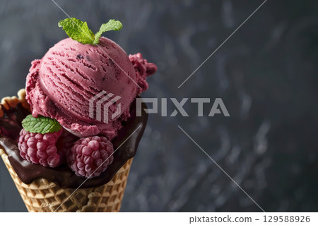 Delicious raspberry ice cream scoop topped with fresh mint leaves and surrounded by chocolate-covered waffle cone and ripe raspberries, perfect for dessert lovers 129588926