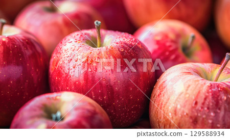 Fresh red apples with droplets of water glistening on their surface, arranged closely together, showcasing vibrant colors and natural textures 129588934