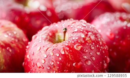 Fresh red apples with water droplets glistening on their surface, showcasing vibrant color and natural texture in a close-up composition 129588935