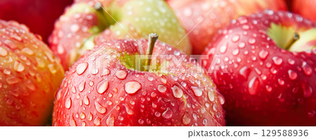 Fresh red and green apples with droplets of water, showcasing vibrant colors and textures, perfect for healthy lifestyle and nutrition themes 129588936