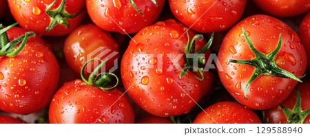 Fresh red tomatoes with droplets of water glistening on their surface, showcasing vibrant color and natural freshness in a bountiful arrangement 129588940